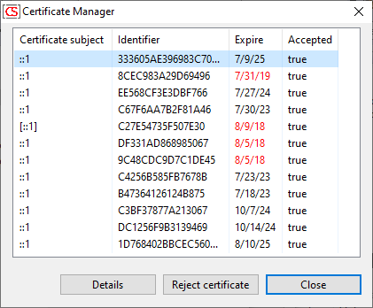 screenshot: certificate manager dialog