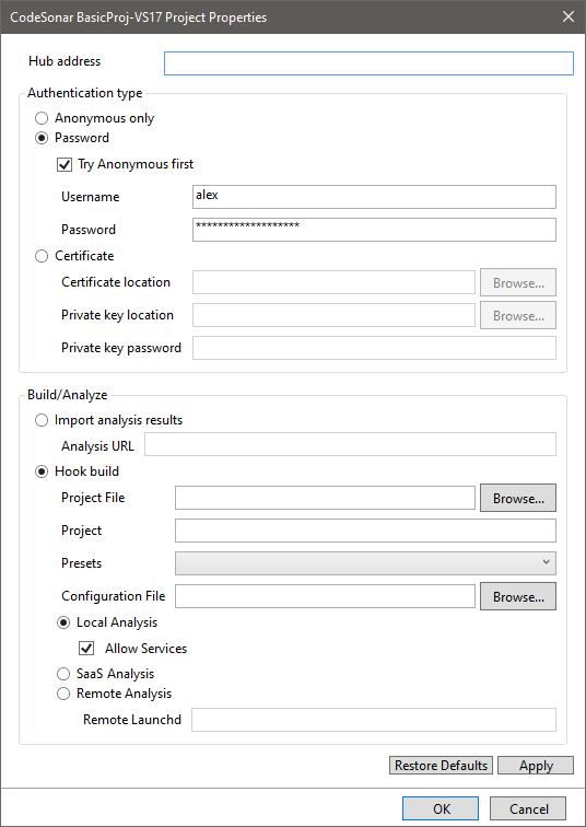 screenshot: project properties dialog