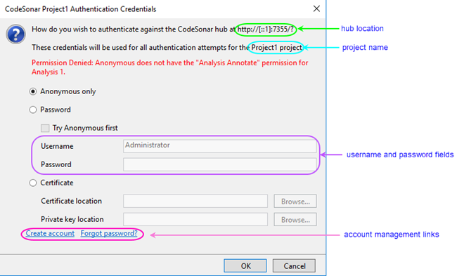screenshot: hub authentication dialog