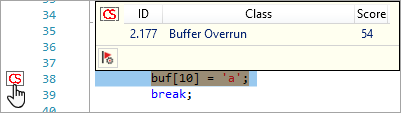 screenshot fragment: Right-click a warning marker to see table with warning information