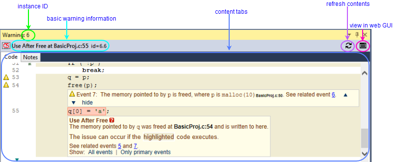 annotated screenshot: Warning view