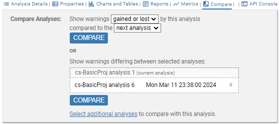 annotated screenshot fragment: expanded Compare section showing current set of selected analyses