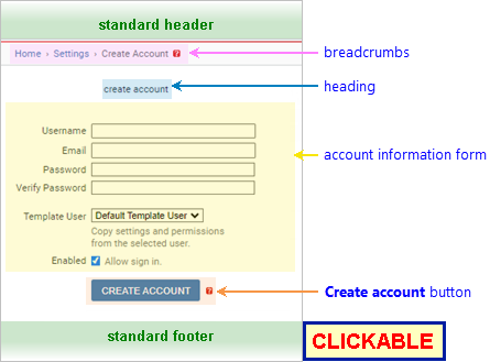 annotated screenshot: create account page