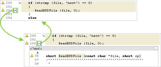 Annotated screenshot fragment: expanding a call site.