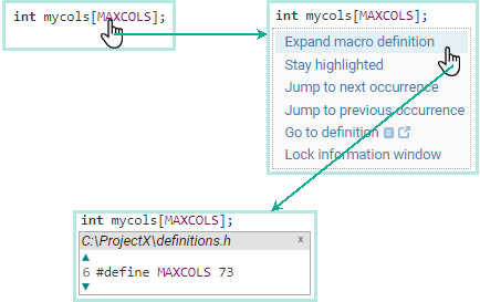 Annotated screenshot fragment: popping up a macro definition.