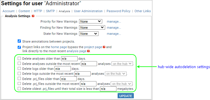 screenshot: Settings/Analysis Settings, with autodeletion controls highlighted