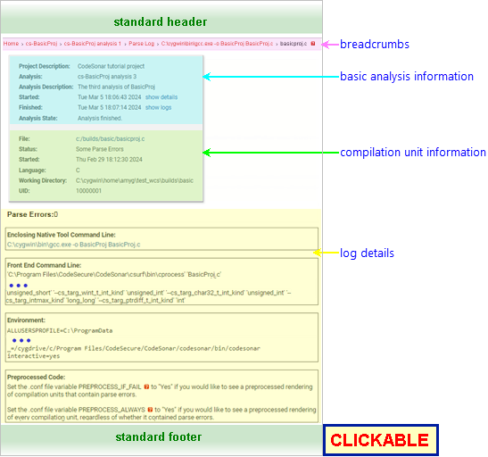 Annotated Screenshot: Parse Details Log Page
