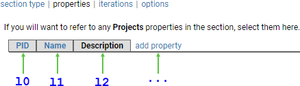 screenshot: section dialog, annotated properties tab