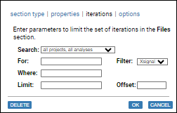 screenshot: section dialog, iterations tab