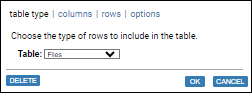 screenshot: table dialog, table type tab