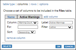 screenshot: table dialog, columns tab
