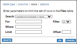 screenshot: table dialog, rows tab