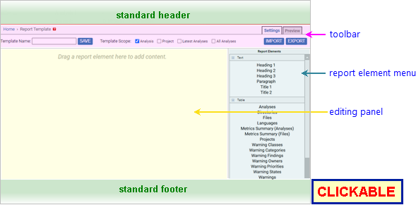 annotated screenshot: Report Template Editor, annotated