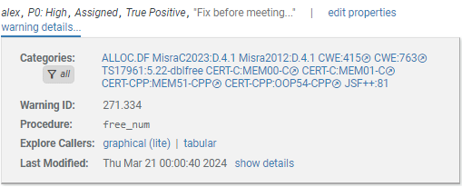 screenshot fragment: warning properties and details