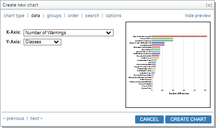 screenshot: chart wizard DATA tab for BAR chart