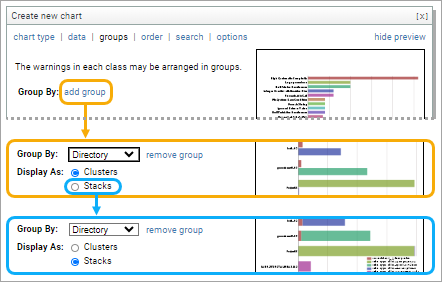 Screenshot: GROUPS tab of chart wizard for BAR chart, showing expansion