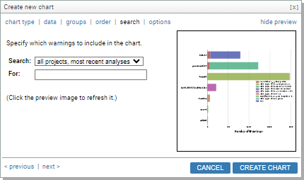 Screenshot: Search tab of chart wizard for BAR chart