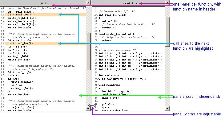 annotated screenshot: side by side view