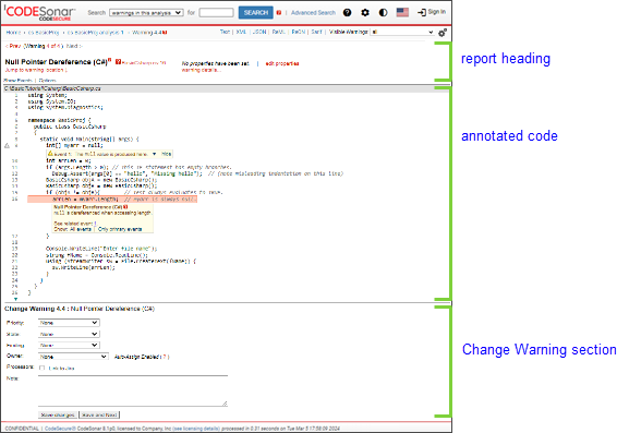 Screenshot: overview of HTML warning report page