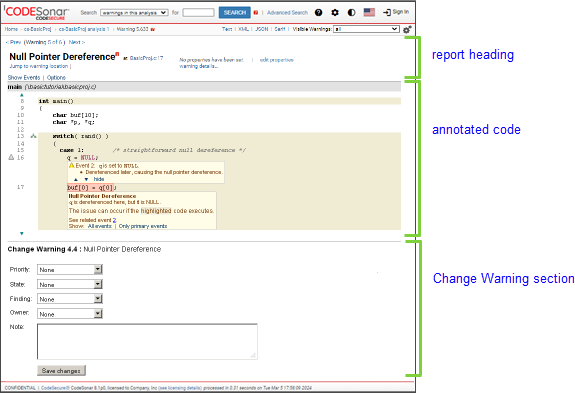 Screenshot: overview of HTML warning report page