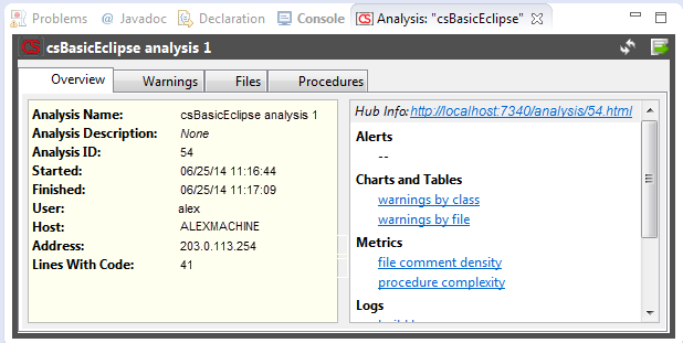 Screenshot: analysis report view, overview tab