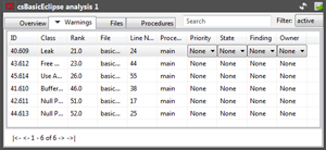 screenshot: analysis report view, warnings tab
