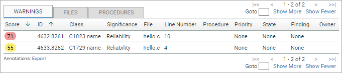 Screenshot fragment: Analysis:Warnings warning table