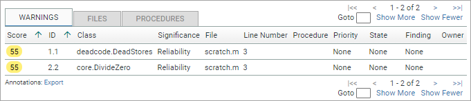 Screenshot fragment: Analysis:Warnings warning table