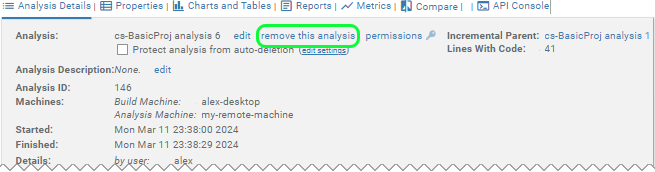 screenshot: analysis page with location of Remove this analysis link marked