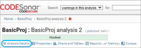 screenshot: analysis page with location of show logs link marked