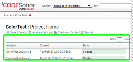screenshot: project page with table of analyses marked