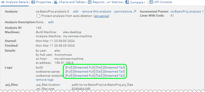 screenshot fragment: expanded Analysis Details with Logs identified