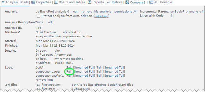 screenshot: analysis page with expanded logs table marked