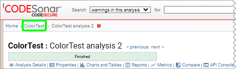 screenshot: analysis page with project breadcrumb marked