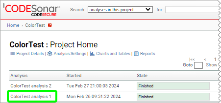 screenshot: project page with analysis marked in table