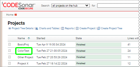 screenshot: home page with table of projects marked