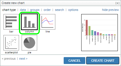 Screenshot: CHART TYPE tab with COLUMN selected