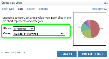 Screenshot: DATA TYPE tab with DIRECTORIES/NUMBER OF WARNINGS selected