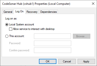 Screenshot fragment: selecting Local System Account from Log On Tab