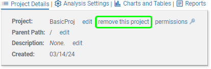 screenshot: analysis page with location of Remove this project link marked