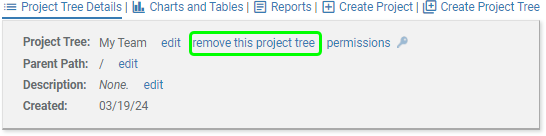 screenshot: analysis page with location of Remove this project link marked