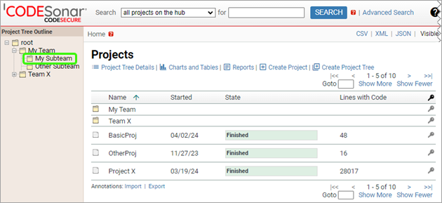 screenshot: home page with table of projects marked