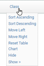 screenshot fragment: table menu