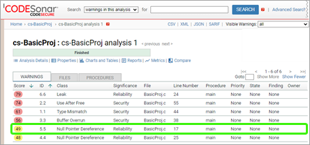 screenshot: analysis page with selected warning marked
