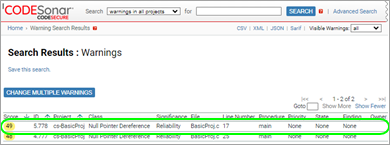 screenshot: search_results page with selected warning marked