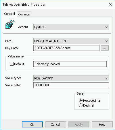 screenshot: Registry Properties